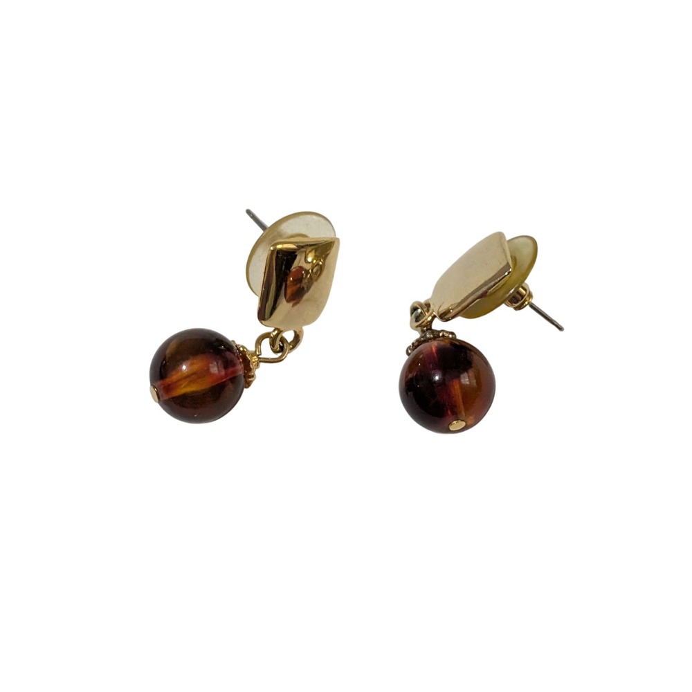 Vintage Gold Tone Amber Resin Orb Drop Earrings Geometric Post Back Jewelry